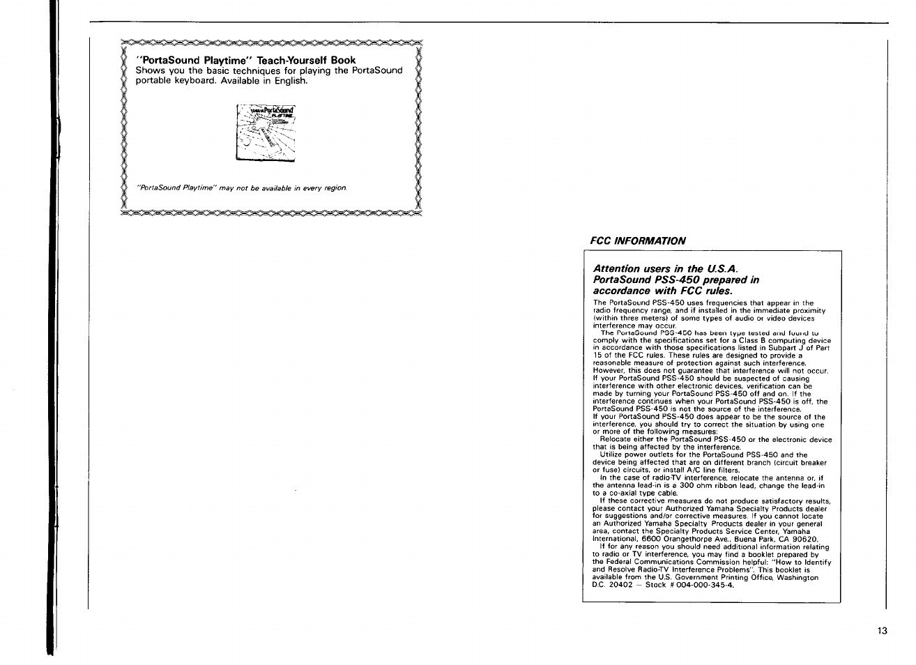Portasound playtime" teach-yourself book, Fcc information | Yamaha PSS-450 User Manual | Page 15 / 16