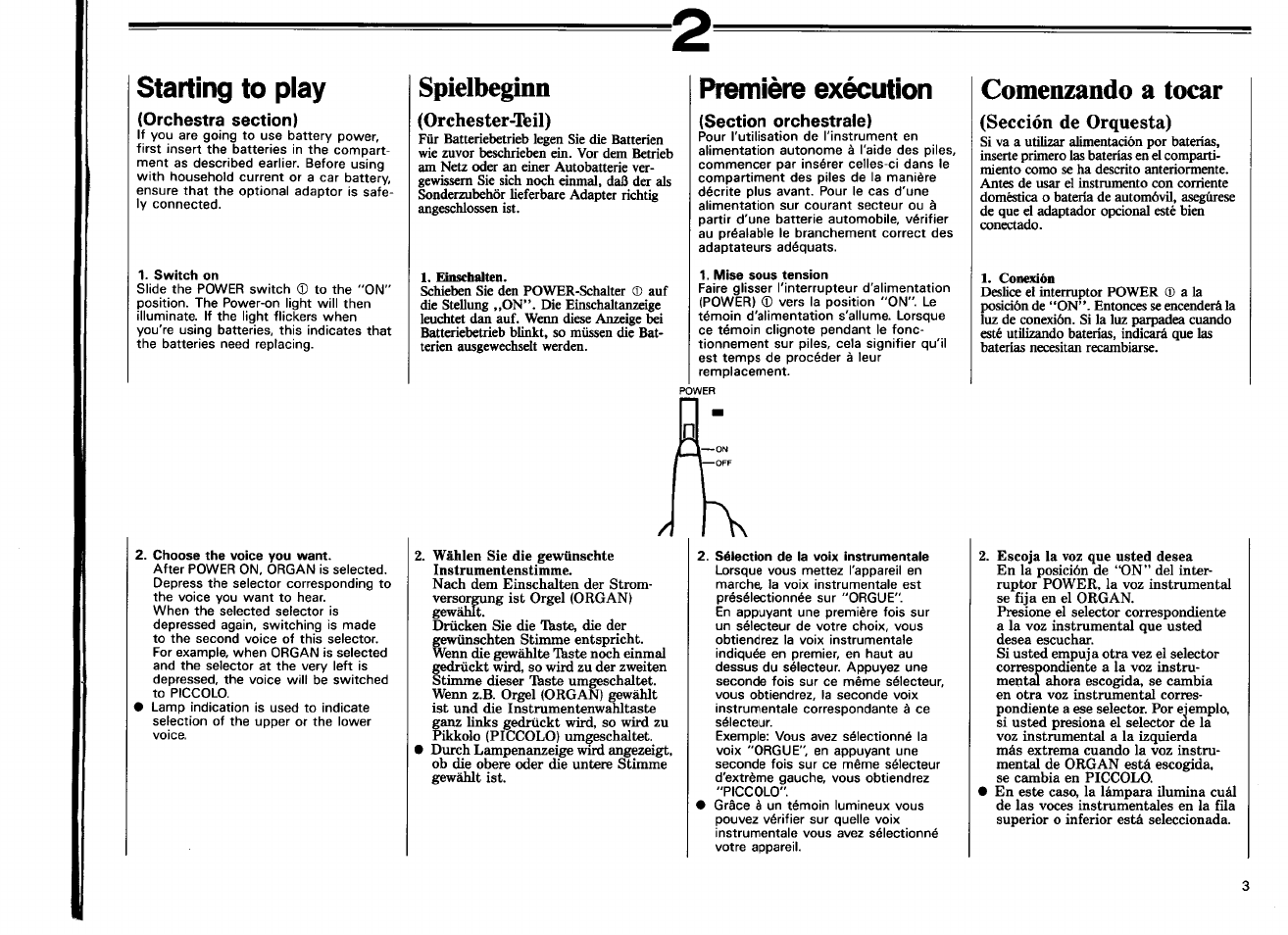 Orchestra section), Spielbeginn, Orchester-teil) | Section orchestrale), Comenzando а tocar, Sección de orquesta), Sección de orquestra), Starting to play, Première exécution | Yamaha PSS-450 User Manual | Page 5 / 16