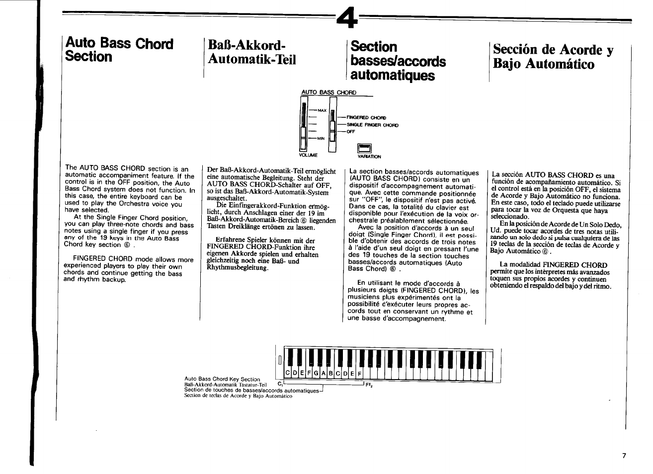 Sección de acorde y bajo automático, Baß-akkord, Automatik-teil | Basses/accords automatiques | Yamaha PSS-450 User Manual | Page 9 / 16