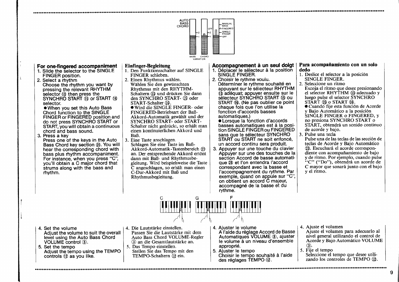For one-fingered accompaniment, Accompagnement à un seul doigt | Yamaha PSS-470 User Manual | Page 11 / 24