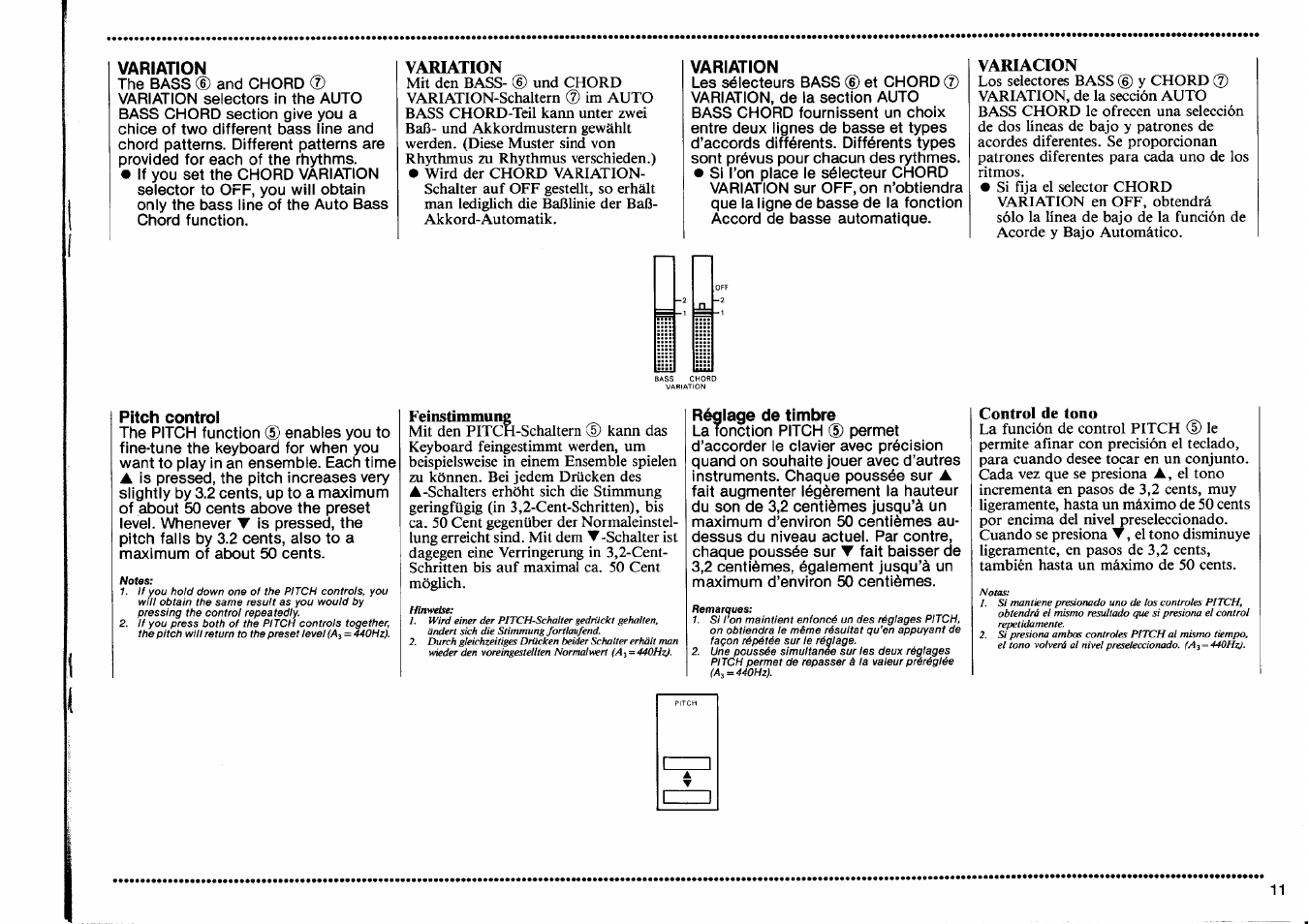 Variation, Variacion, Pitch control | Réglage de timbre, Control de tono | Yamaha PSS-470 User Manual | Page 13 / 24