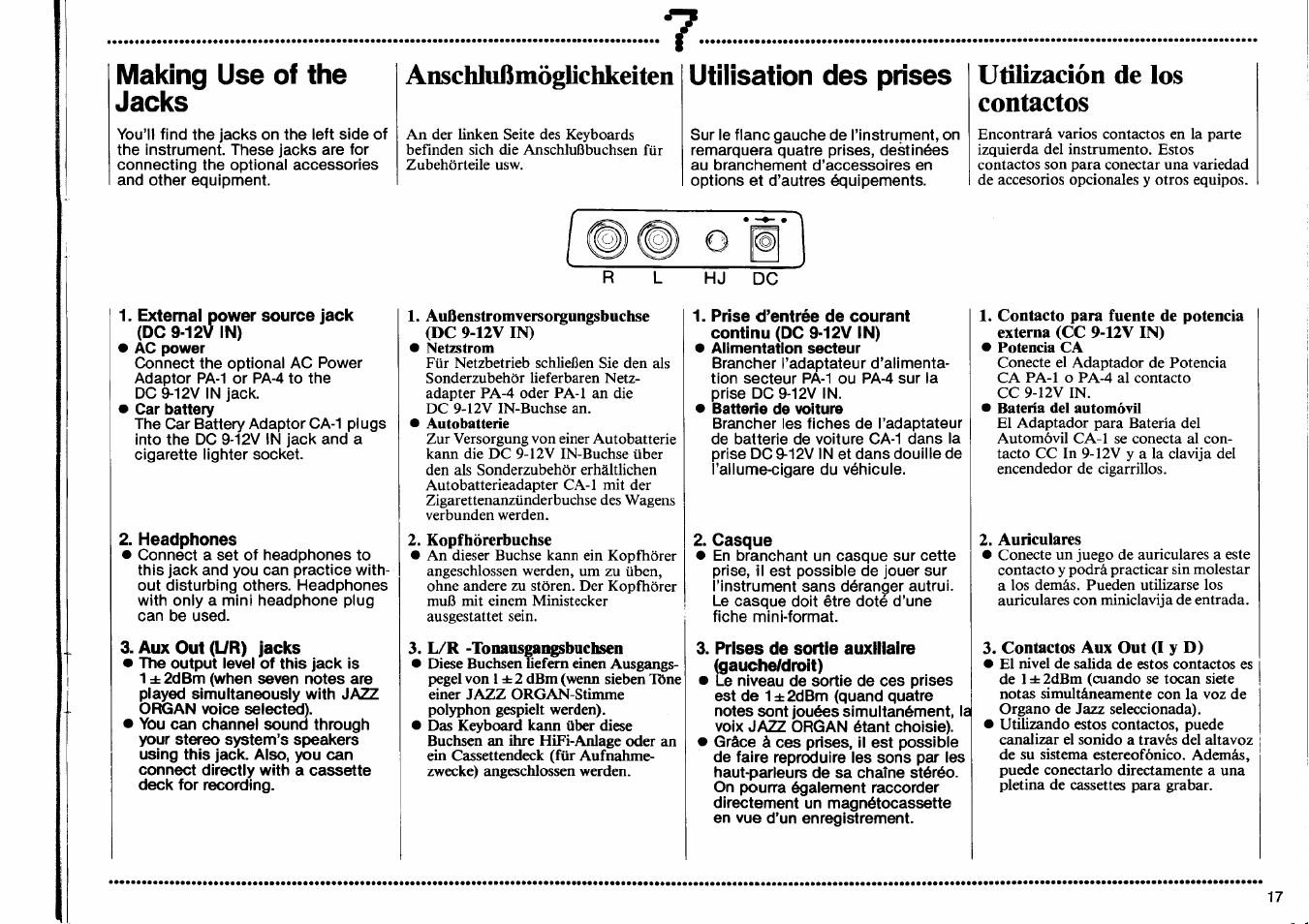 Making use of the jacks, Utilisation des prises, Casque | Prises de sortie auxiliaire (gauche/droit), Anschlußmöglichkeiten, Utilización de los contactos | Yamaha PSS-470 User Manual | Page 19 / 24