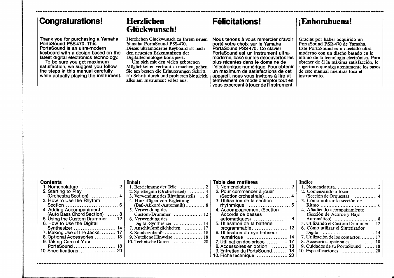 Congraturations, Félicitations, Herzlichen glückwunsch | Enhorabuena | Yamaha PSS-470 User Manual | Page 2 / 24