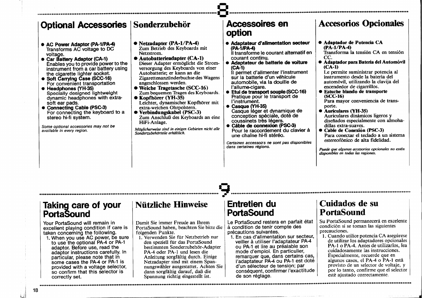 Optional accessories, Accessoires en option, Taking care of your portasound | Entretien du portasound, Sonderzubehör, Accesorios opcionales, Nützliche hinweise, Cuidados de su portasound | Yamaha PSS-470 User Manual | Page 20 / 24