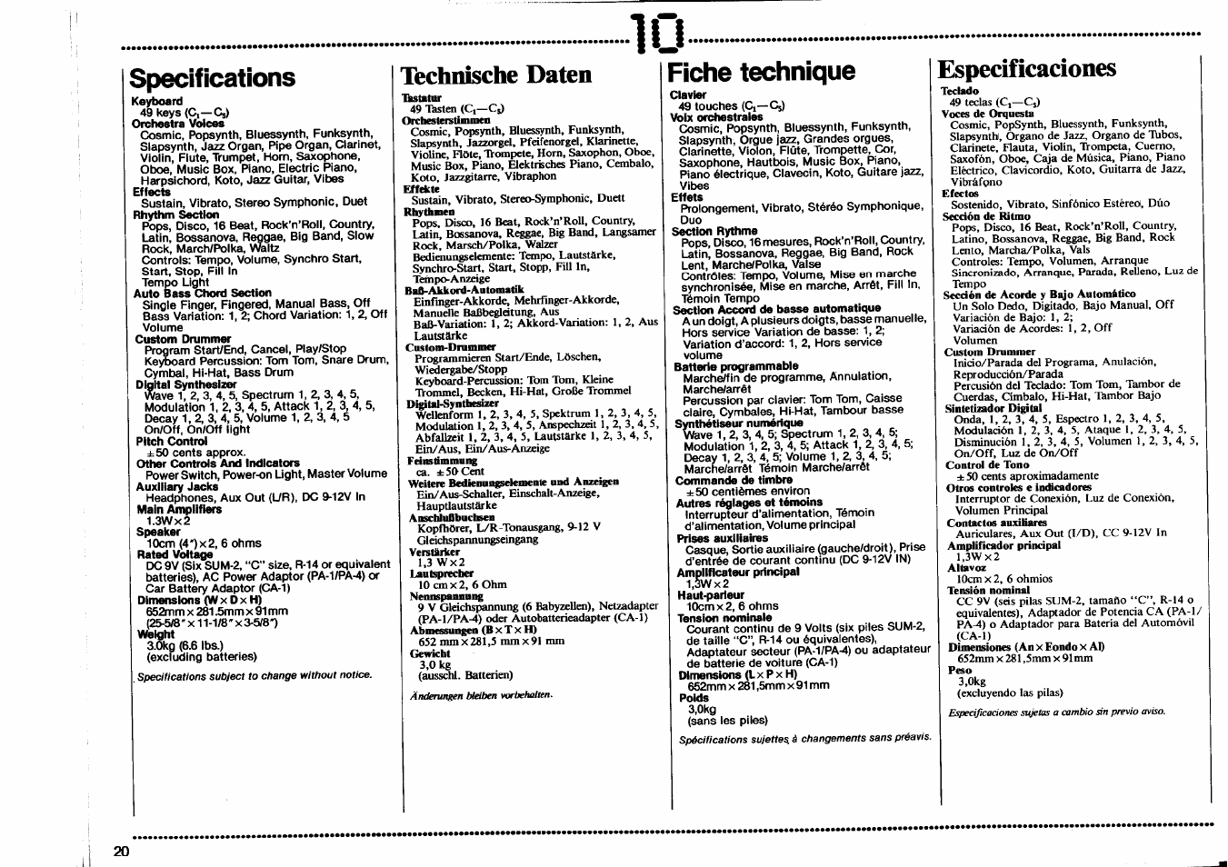 Specifications, Fiche technique, Technische daten | Especificaciones | Yamaha PSS-470 User Manual | Page 22 / 24
