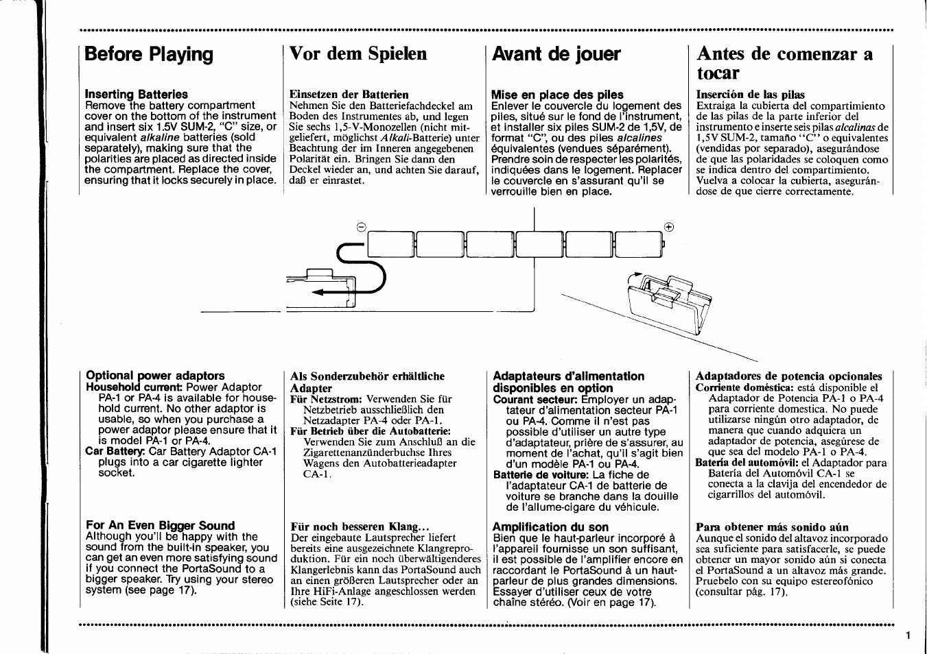 Before playing, Inserting batteries, For an even bigger sound | Avant de jouer, Mise en place des piles, Vor dem spielen, Antes de comenzar a tocar | Yamaha PSS-470 User Manual | Page 3 / 24