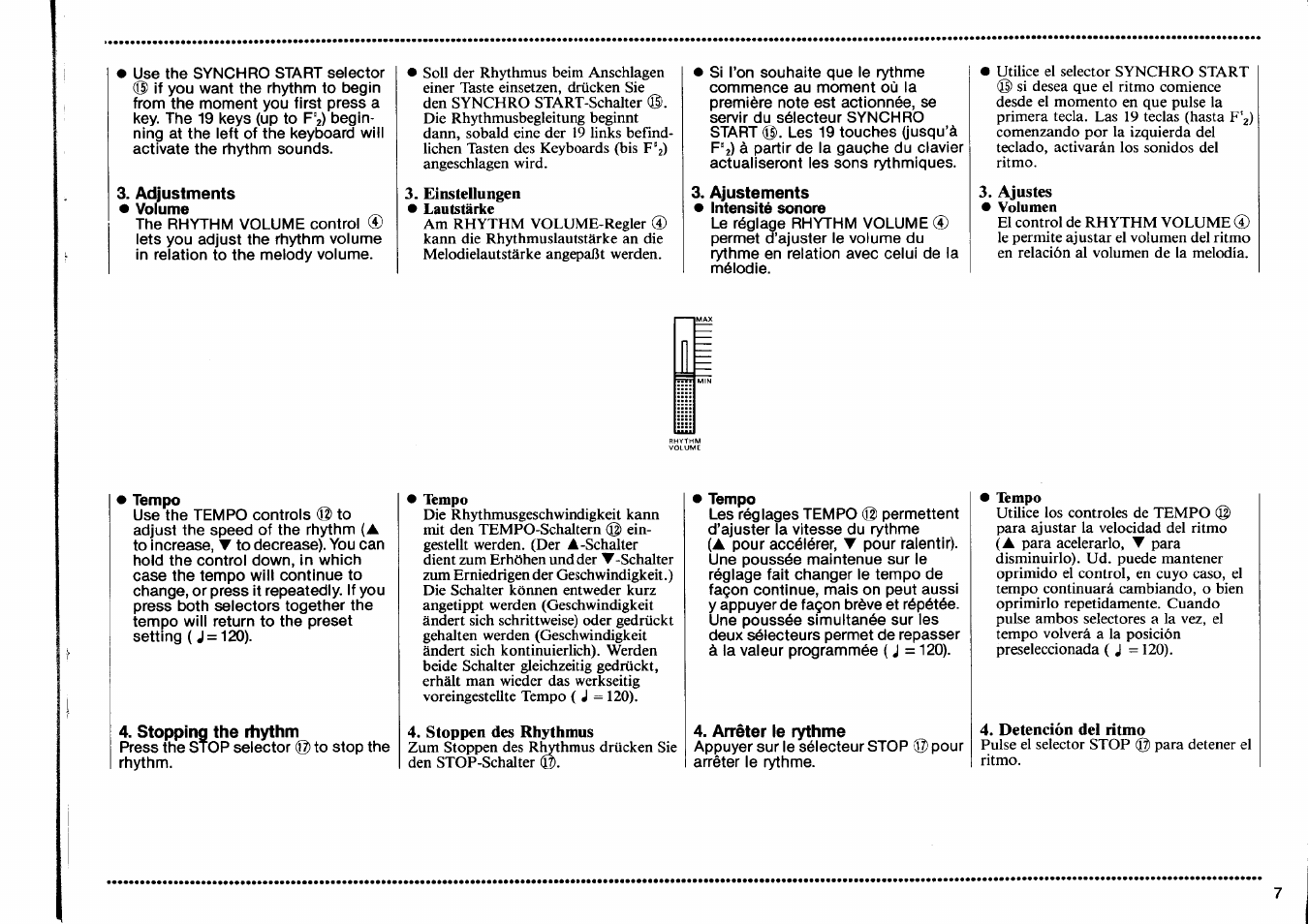 Adjustments, Volume, Ajustements | E intensité sonore, Tempo, Stopping the rhythm, Arrêter le rythme | Yamaha PSS-470 User Manual | Page 9 / 24