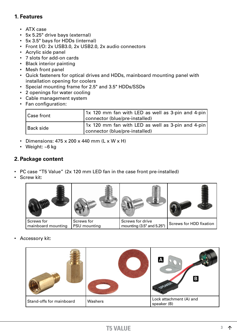T5 value, Features, Package content | SHARKOON T5 Economy User Manual | Page 3 / 17