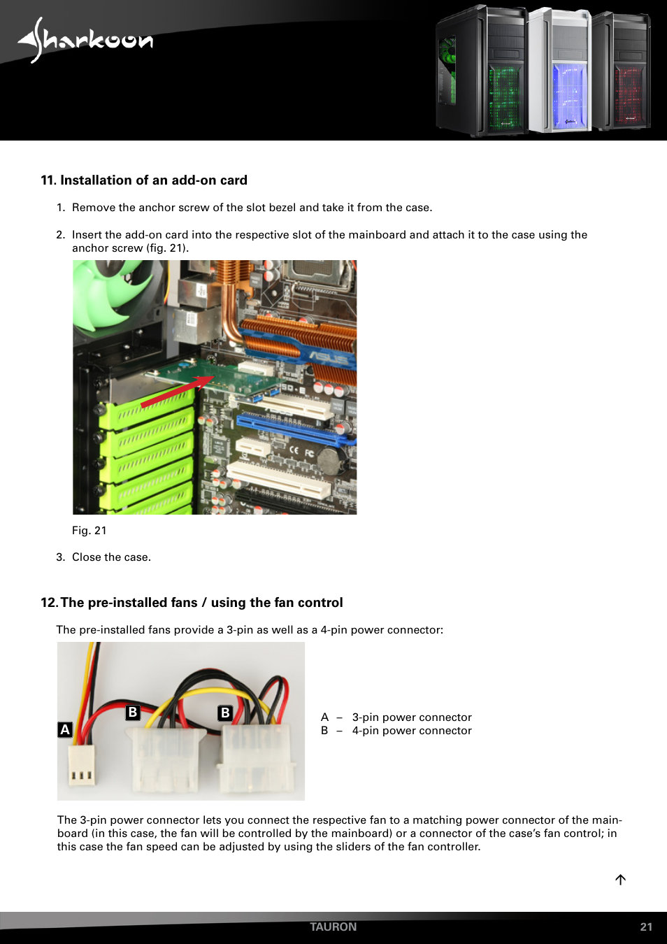 Installation of an add-on card, The pre-installed fans / using the fan control | SHARKOON Tauron User Manual | Page 21 / 23