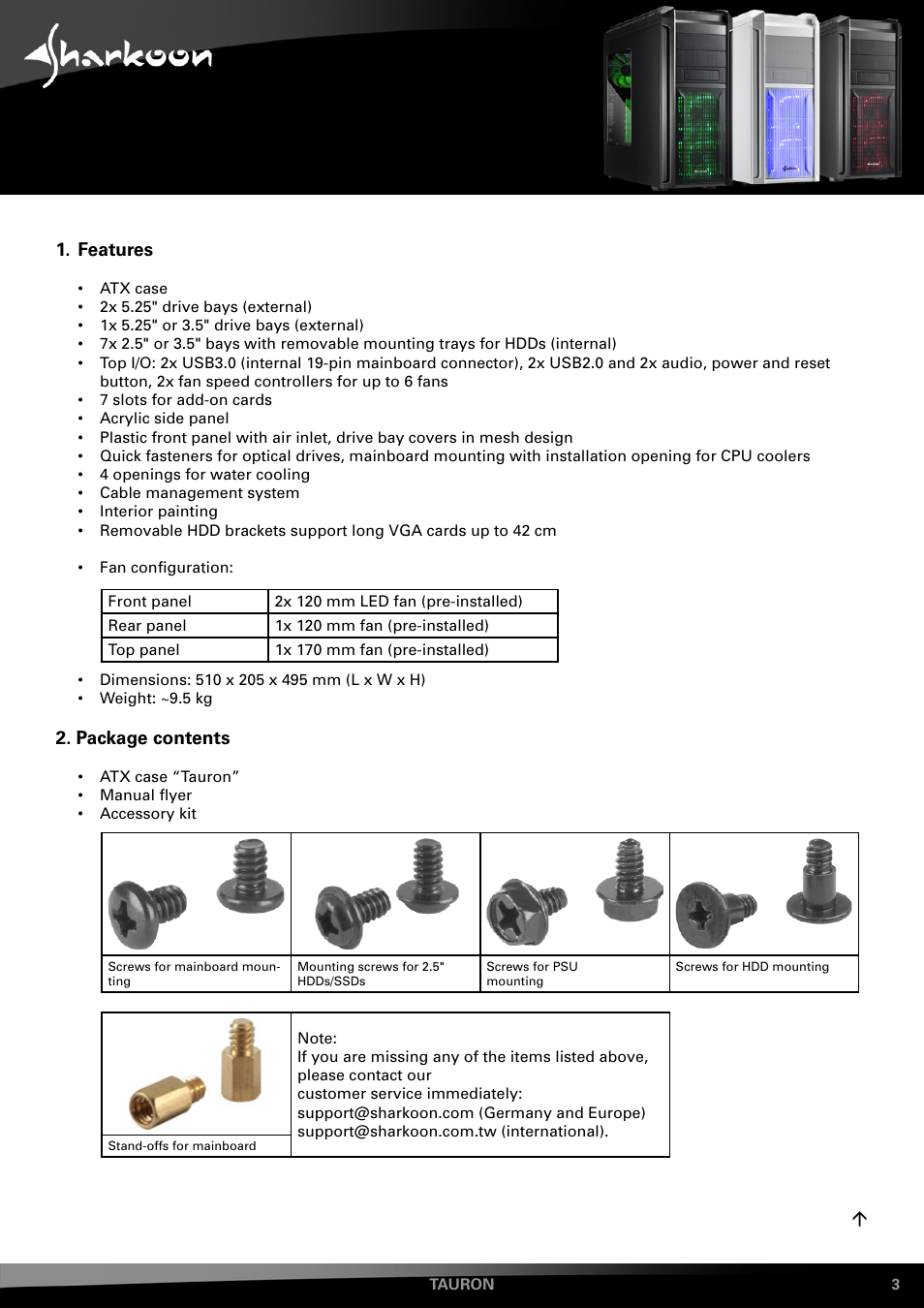 Features, Package content, Package contents | SHARKOON Tauron User Manual | Page 3 / 23