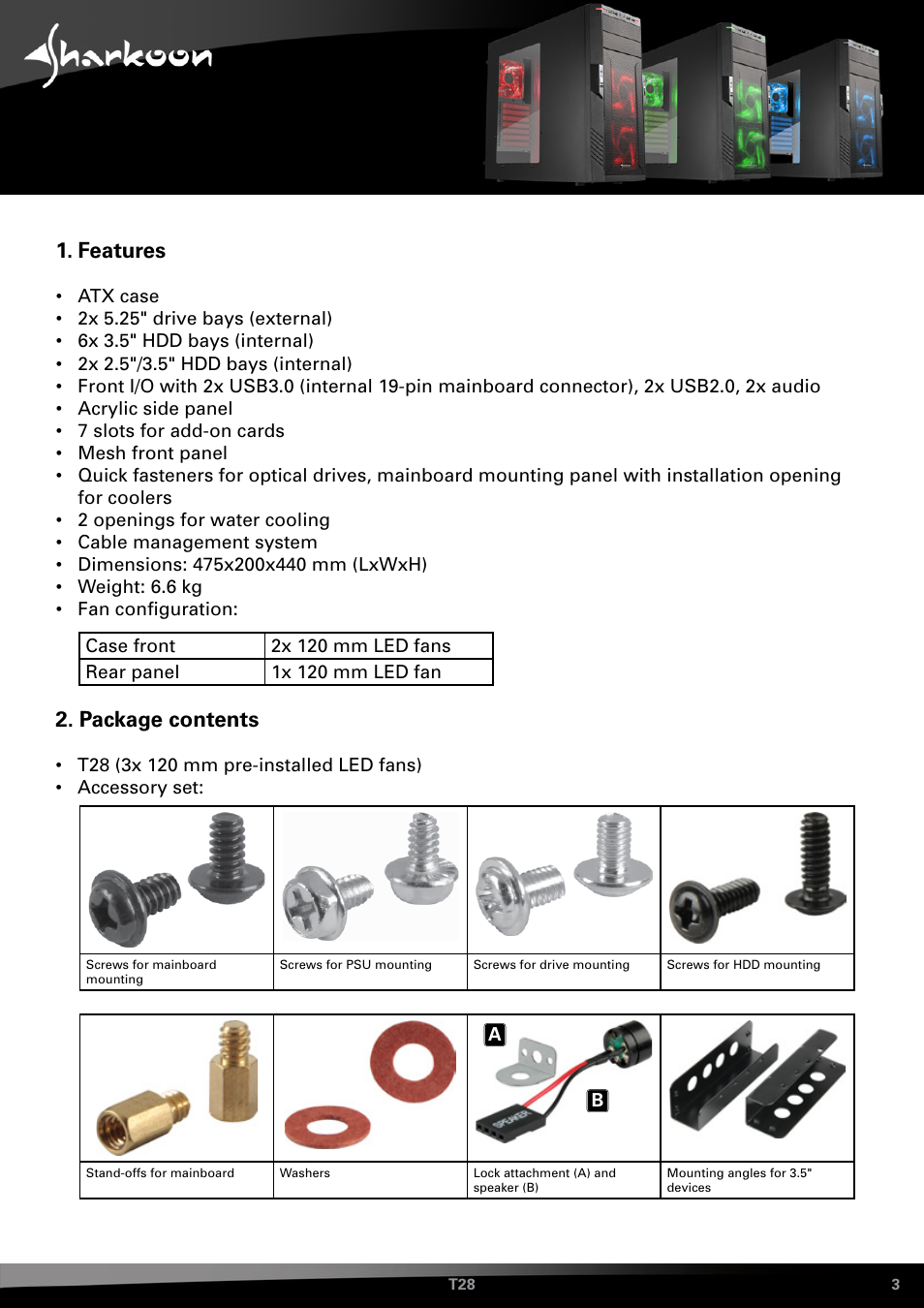 Features, Package contents | SHARKOON T28 User Manual | Page 3 / 18