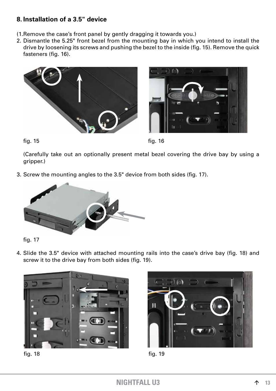 Installation of a 3.5" device, Nightfall u3 | SHARKOON Skiller User Manual | Page 13 / 17