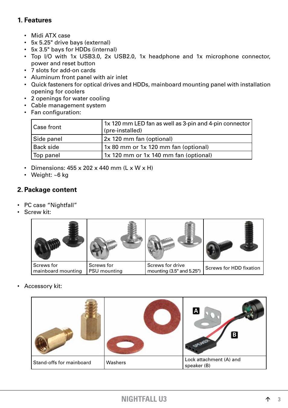 Features, Package content, Nightfall u3 | SHARKOON Skiller User Manual | Page 3 / 17