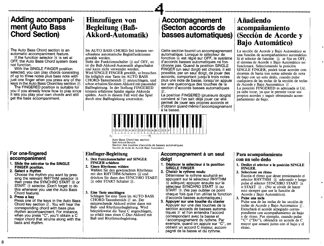 Einfinger-begleitung, Para acompañamiento con un solo dedo, Hinzufügen von begleitung (baß- aldcord-automatìk) | Yamaha PSS-560 User Manual | Page 10 / 23