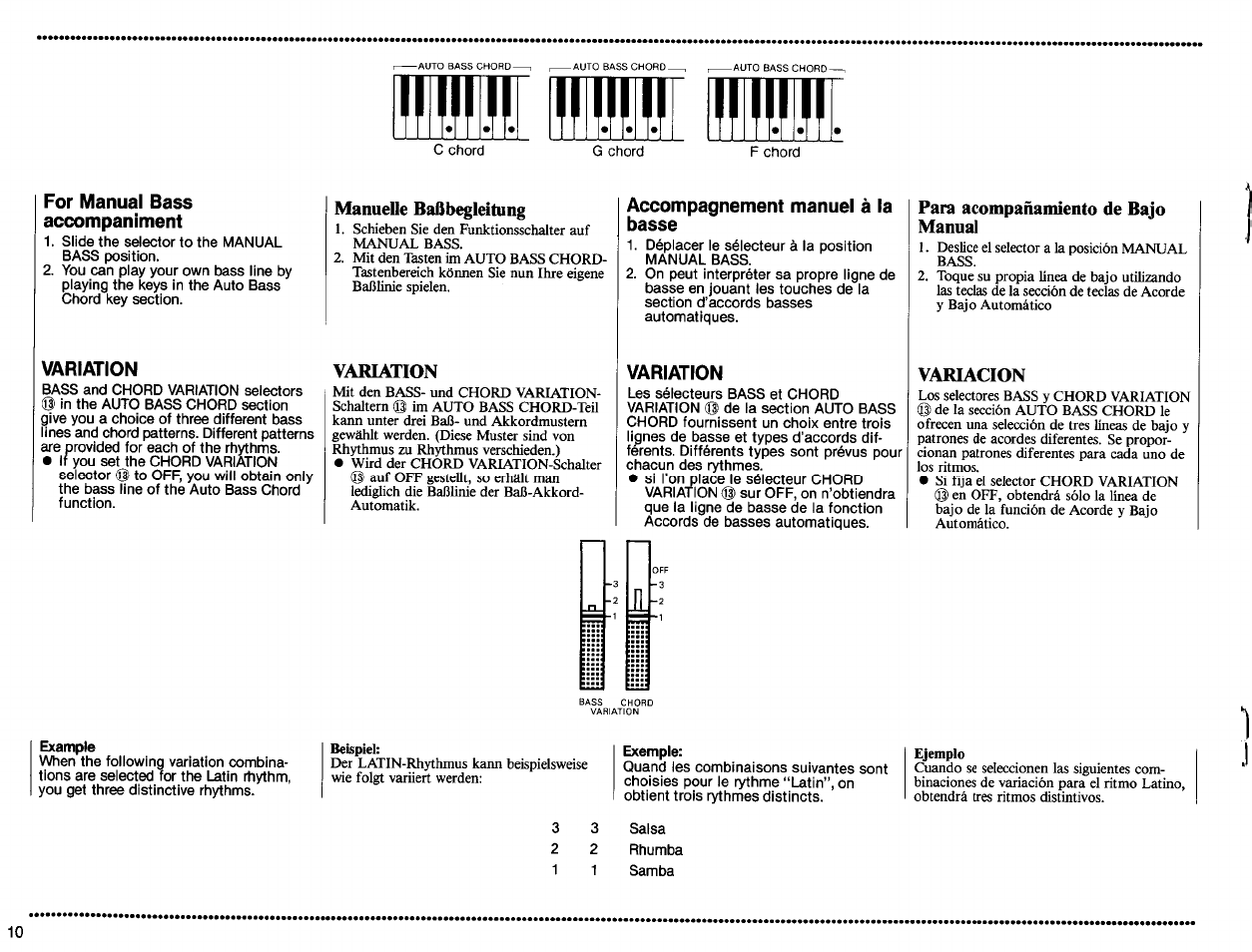 Manuelle baßbegleitung, Variation, Para acompañamiento de bajo manual | Variacion | Yamaha PSS-560 User Manual | Page 12 / 23