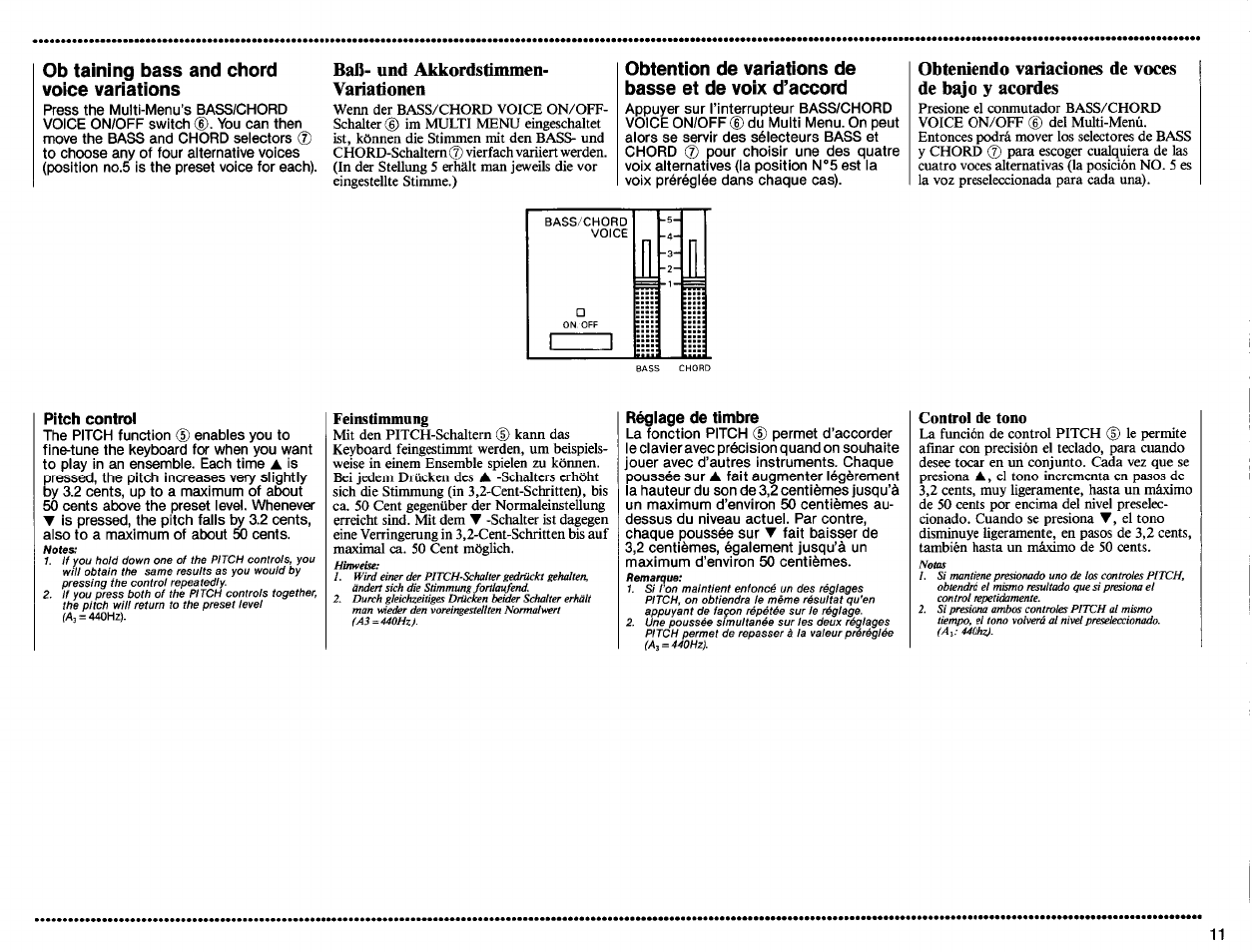 Baß- und akkordstimmen- variationen, Obteniendo variadones de voces de bajo y acordes, Pitch control | Réglage de timbre | Yamaha PSS-560 User Manual | Page 13 / 23