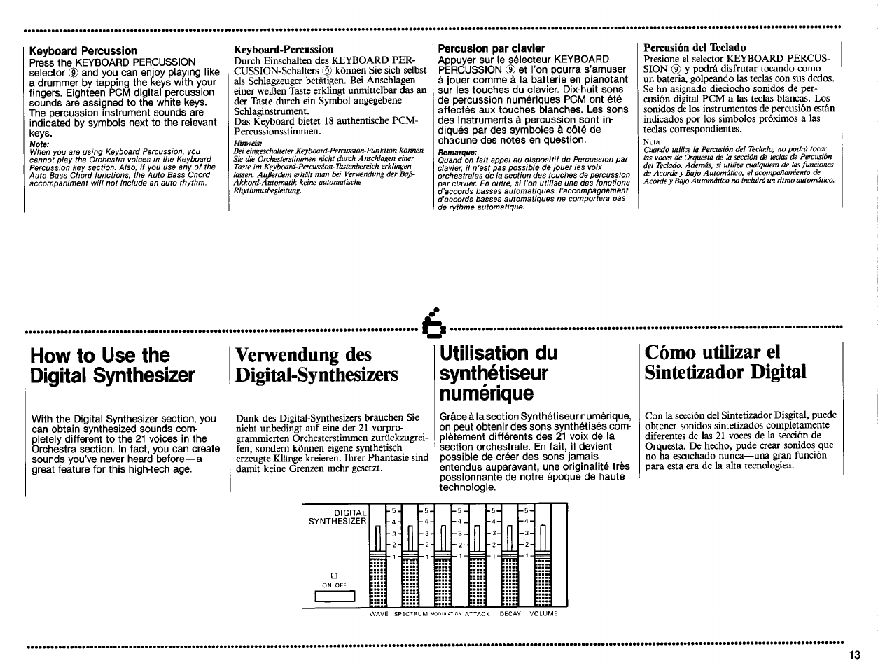 Keyboard percussion, Percusión par clavier, How to use the digital synthesizer | Utilisation du, Synthétiseur, Numérique, Keyboard percussion), Verwendung des digital-synthesizers, Cómo utilizar el sintetizador digital, Utilisation du synthétiseur numérique | Yamaha PSS-560 User Manual | Page 15 / 23