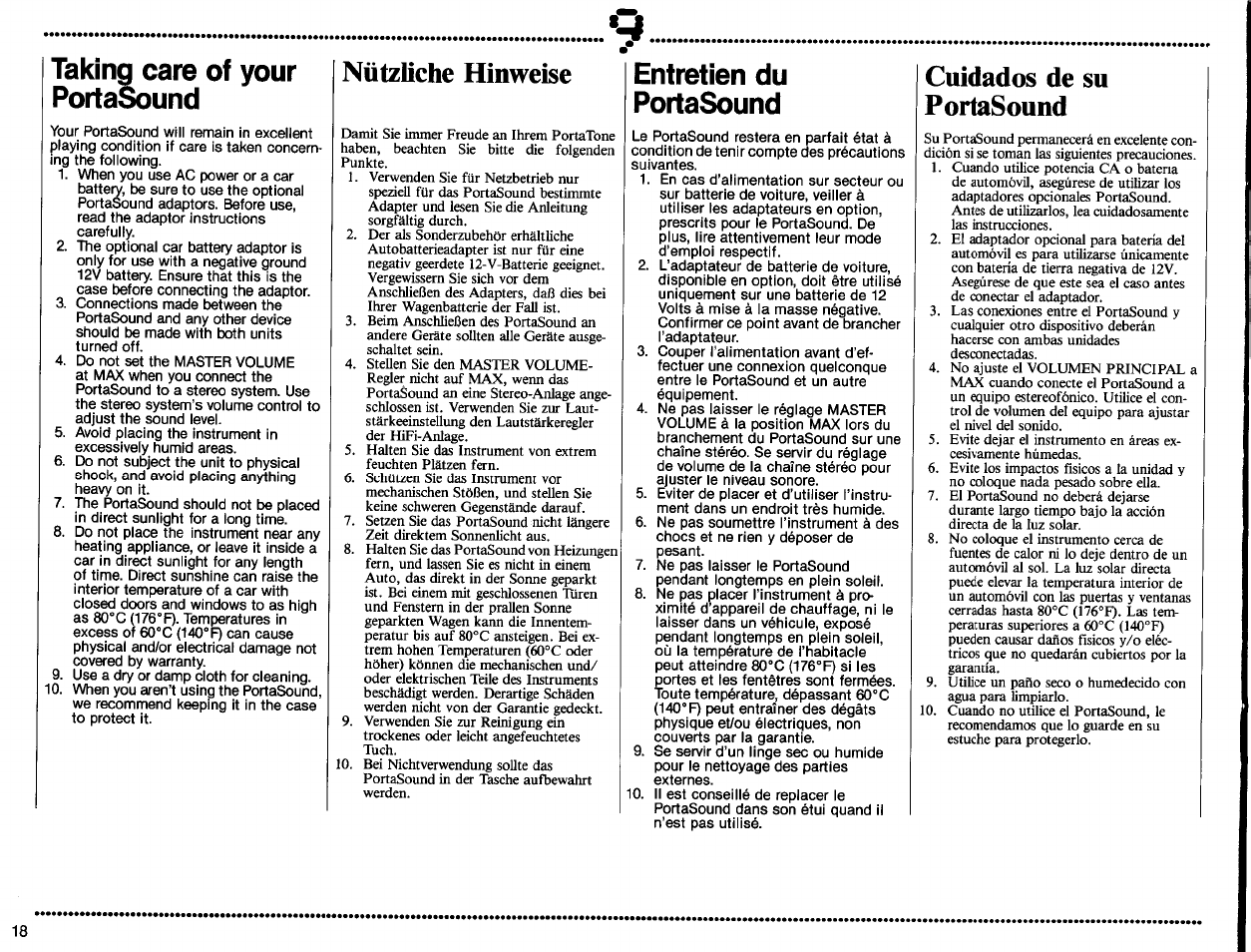 Taking care of your portasound, Entretien du portasound, Nützliche hinweise | Cuidados de su portasound | Yamaha PSS-560 User Manual | Page 20 / 23