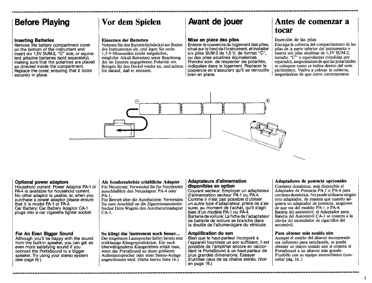 Before playing, Inserting batteries, Avant de jouer | Mise en place des piles, Optional power adaptors, For an even bigger sound, Adaptateurs d’alimentation disponibles en option, Amplification du son, Vor dem spielen, Antes de comenzar a tocar | Yamaha PSS-560 User Manual | Page 3 / 23