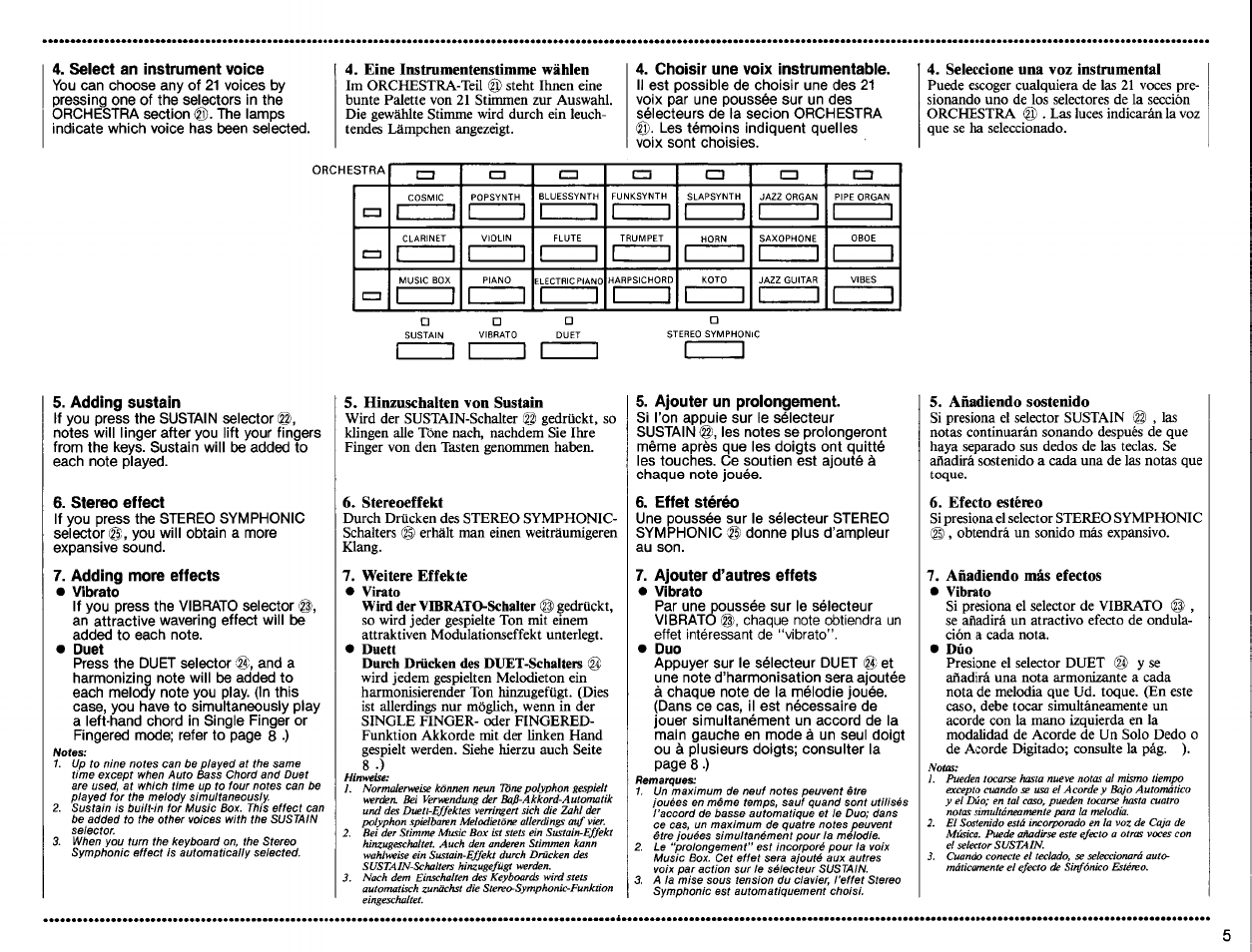 Select an instrument voice, Choisir une voix instrumentabie, Adding sustain | Stereo effect, Adding more effects, Ajouter un prolongement, Effet stéréo, Ajouter ctautres effets, Iz~z1 i | Yamaha PSS-560 User Manual | Page 7 / 23