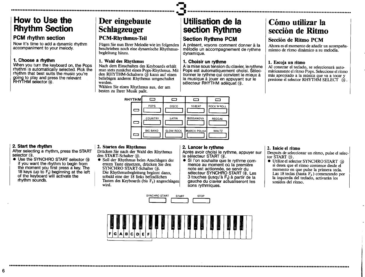 How to use the rhythm section, Choose a rhythm, Pcm-rhythmus-teil | Utilisation de la section rythme, Choisir un rythme, Lancer le rythme, Sección de ritmo pcm, Pcm-rhythmus-teil), Der eingebaute schlagzeuger, Cómo utilizar la sección de ritmo | Yamaha PSS-560 User Manual | Page 8 / 23