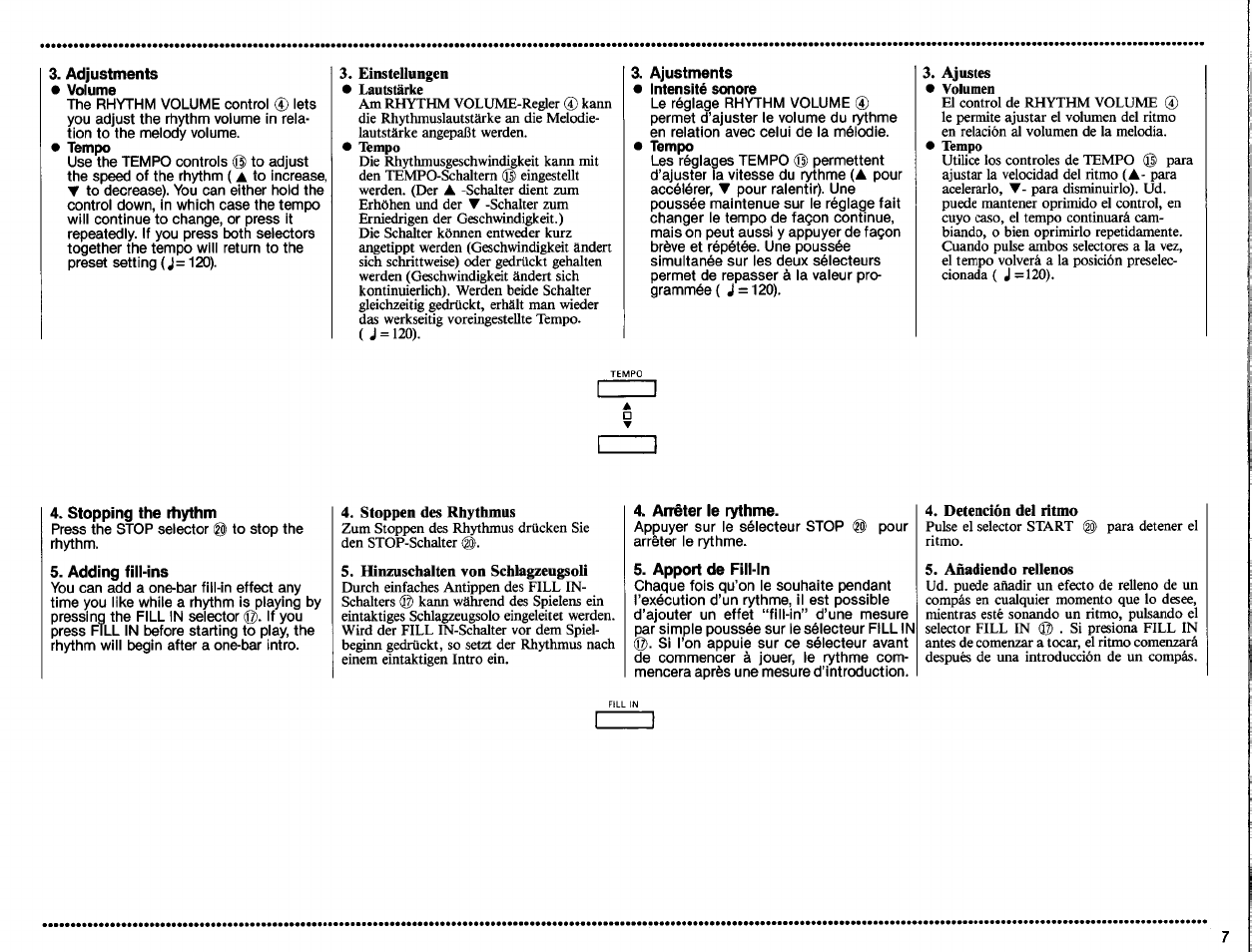 Adjustments, Ajustments, Stopping the rhythm | Adding fill-ins, Arrêter le rythme, Apport de fill-ln | Yamaha PSS-560 User Manual | Page 9 / 23