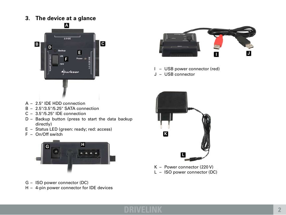 Drivelink, The device at a glance | SHARKOON DriveLink USB2.0 User Manual | Page 3 / 8
