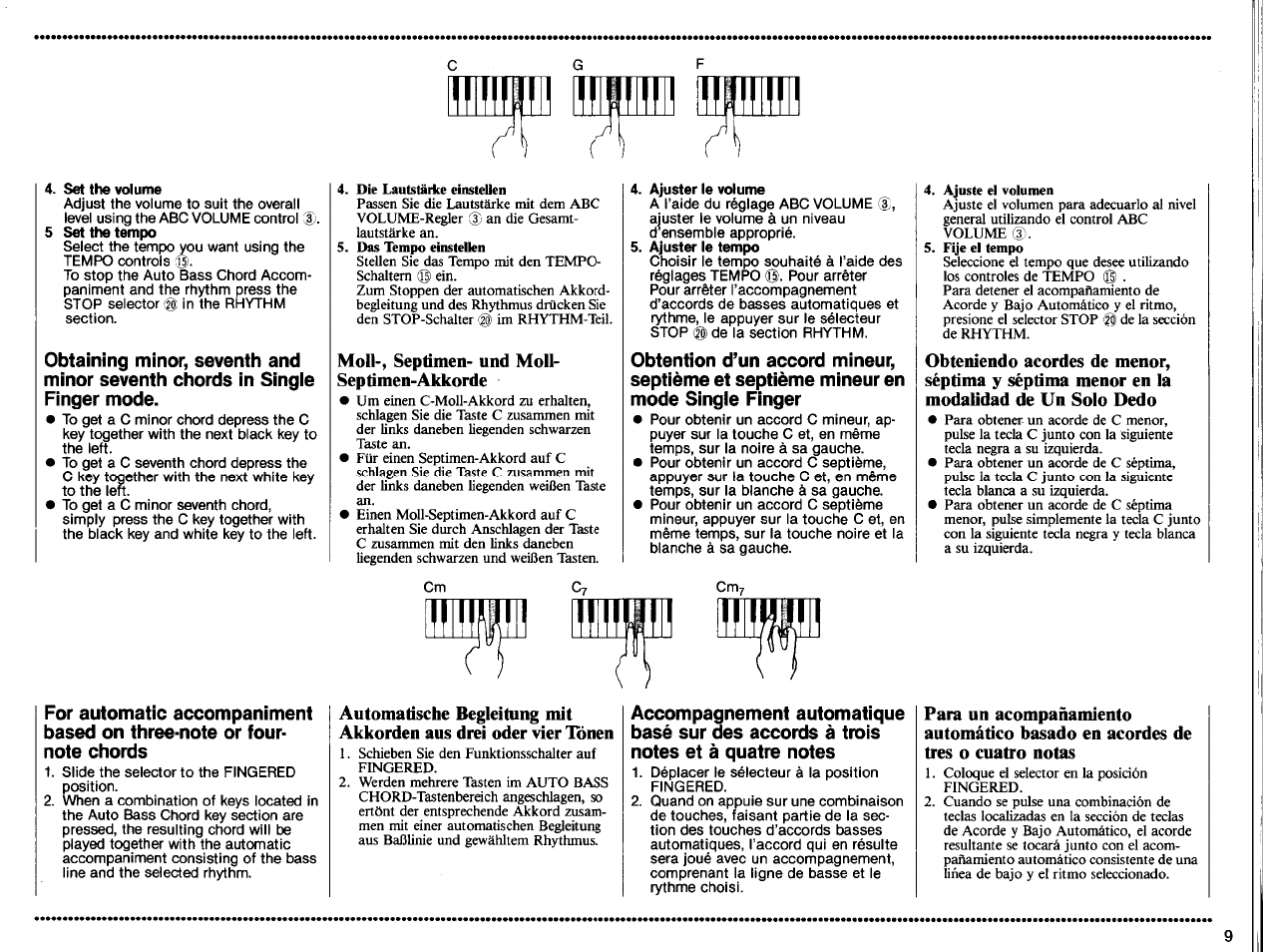 Set the volume, Ajuster le volume, Ajuster le tem|m | Moll-, septimen- und moll- septimen-akkorde | Yamaha PSS-570 User Manual | Page 11 / 23