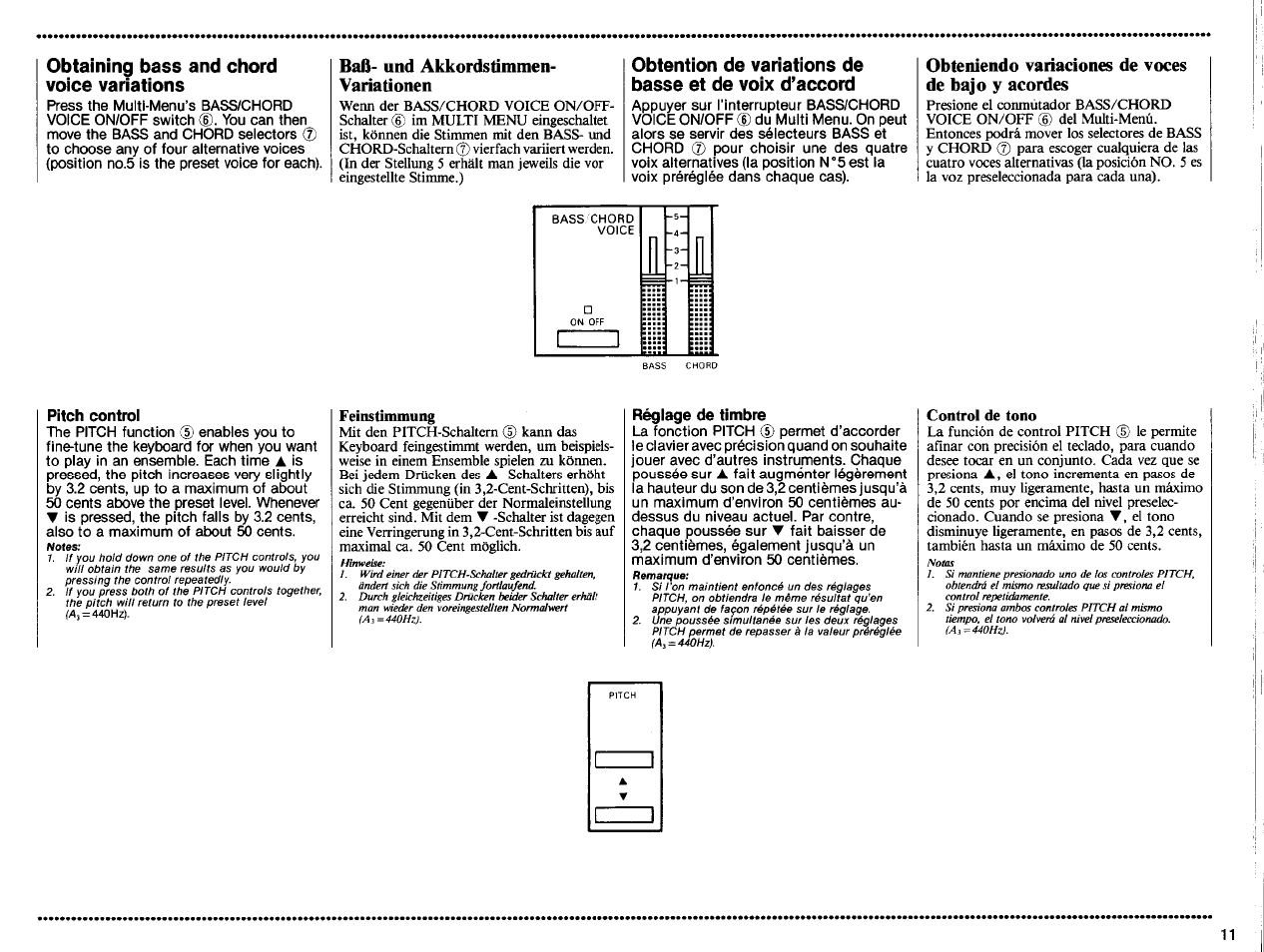 Obtaining bass and chord voice variations, Baß- und akkordstimmen- variationen, Obteniendo variaciones de voces de bajo y acordes | Pitch control, Feinstimmung, Réglage de timbre, Control de tono | Yamaha PSS-570 User Manual | Page 13 / 23