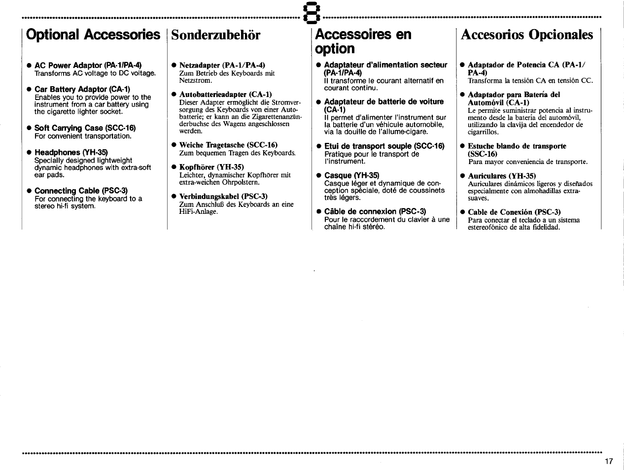 Optional accessories, Ac power adaptor (pa-1/pa-4), Car battery adaptor (ca-1) | Soft carrying case (scc-16), Headphones (yh, Connecting cable (psc-3), Sonderzubehör, Netzadapter (pa-l/pa-4), Autobatterieadapter (ca-1), Kopfhörer (yh-35) | Yamaha PSS-570 User Manual | Page 19 / 23