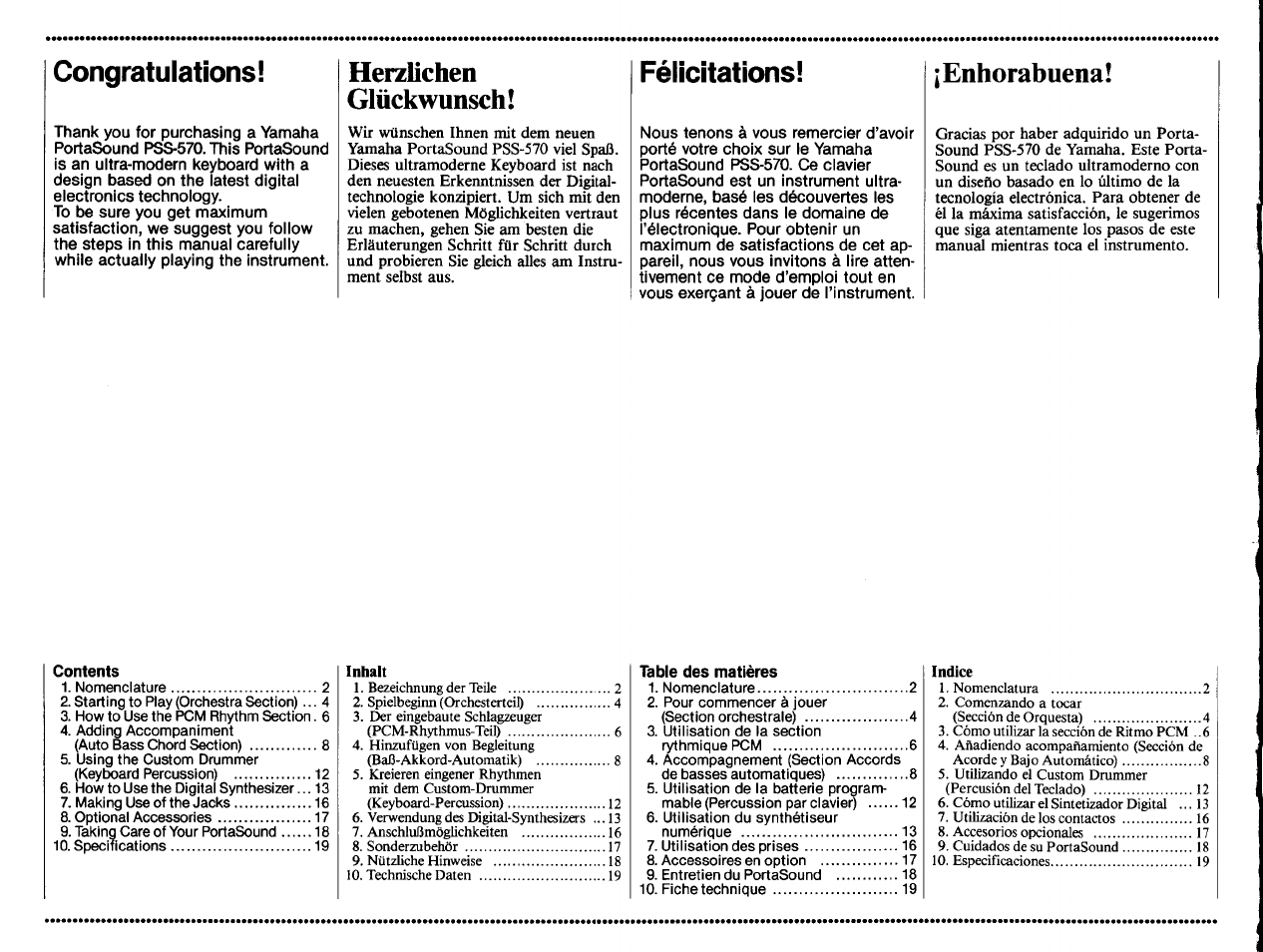 Congratulations, Herzlichen, Glückwunsch | Félicitations, Enhorabuena, Herzlichen glückwunsch, Inhalt, Indice | Yamaha PSS-570 User Manual | Page 2 / 23