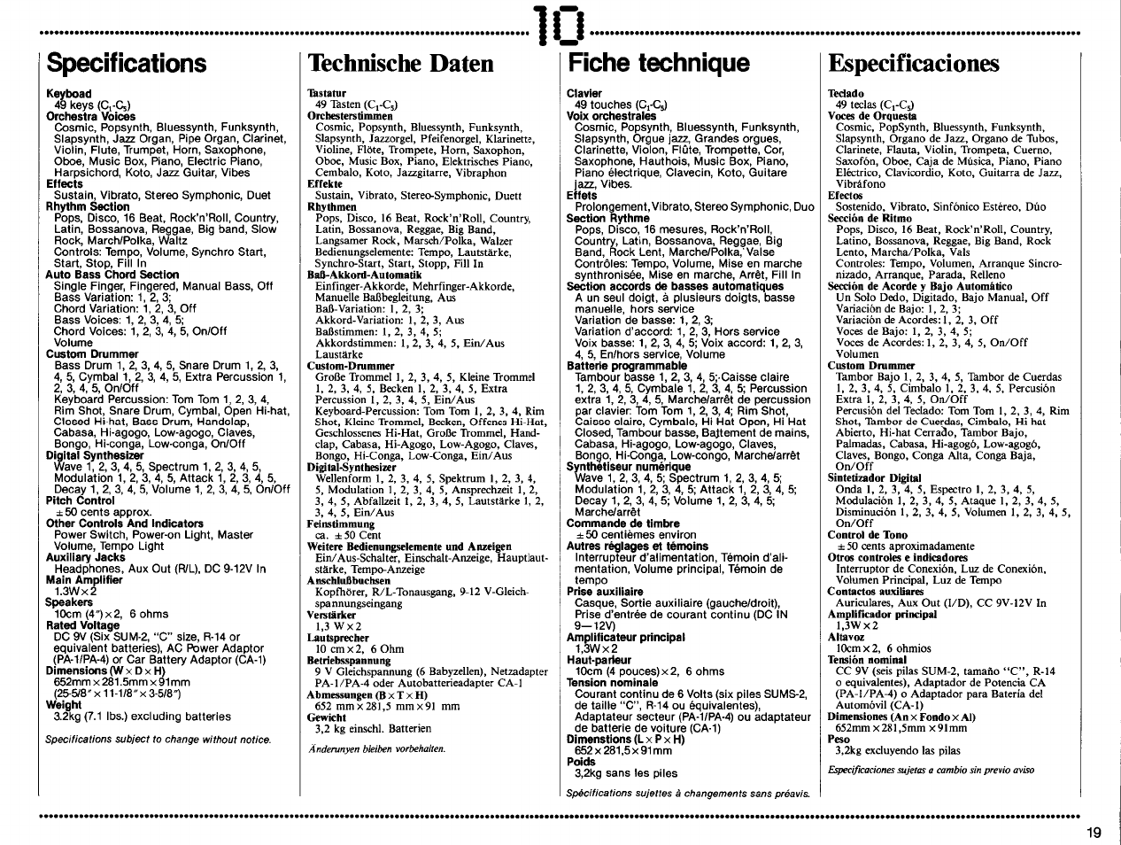 Specifications, Technische daten, Especificaciones | Fiche technique, 49 tasten (c, Sustain, vibrato, stereo-symphonie, duett, Ca. ±50 cent, 1,3 wx2, 10 cm, 9 v gleichspannung | Yamaha PSS-570 User Manual | Page 21 / 23