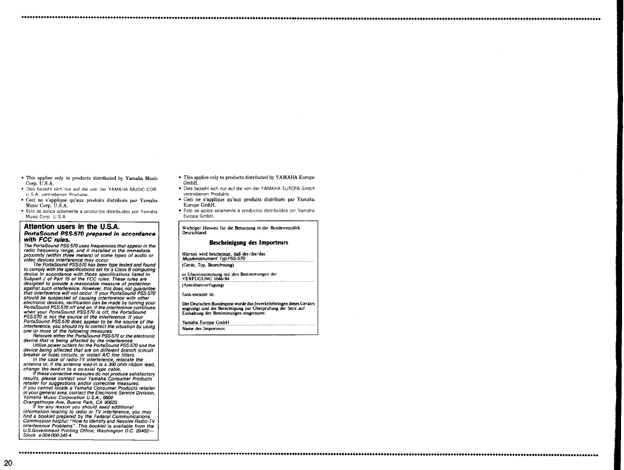 Attention users in the u.s.a, Bescheinigung des importeurs, Pss-570 | Ye^iipp.v.np | Yamaha PSS-570 User Manual | Page 22 / 23