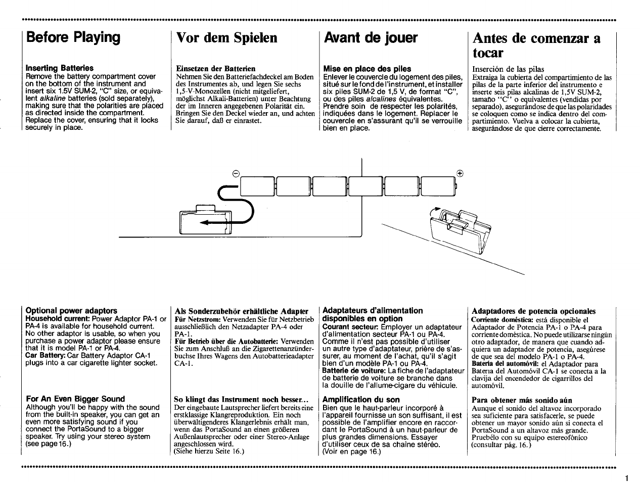 Before playing, Inserting batteries, Vor dem spielen | Einsetzen der batterien, Avant de jouer, Mise en place des piles, Antes de comenzar a tocar, For an even bigger sound, Als sonderzubehör erhältliche adapter, So klingt das instrument noch besser | Yamaha PSS-570 User Manual | Page 3 / 23