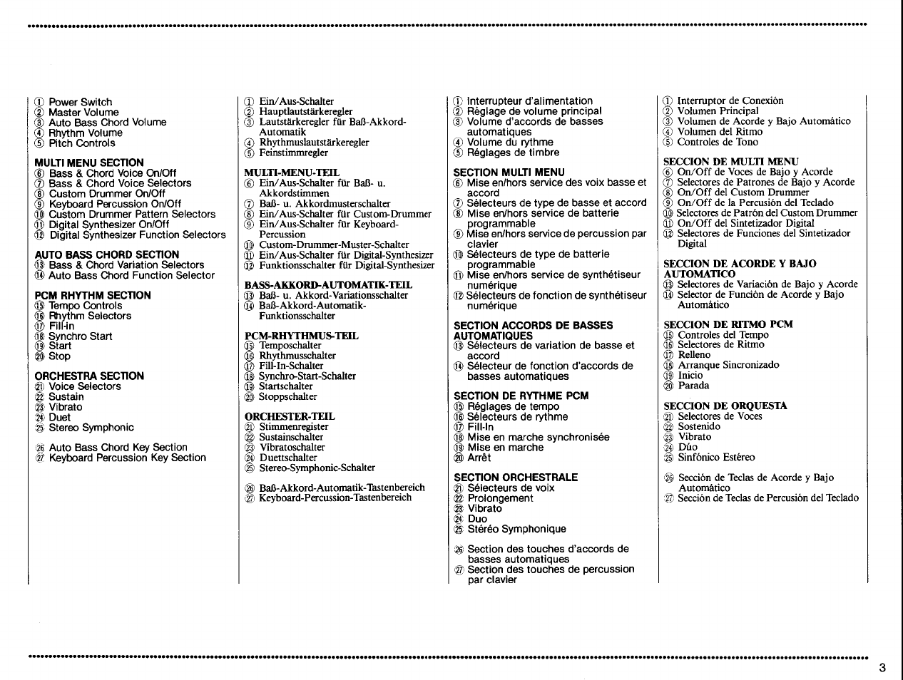 Multi menu section, Auto bass chord section, Pcm rhythm section | Orchestra section, Section multi menu, Section accords de basses automatiques, Section de rythme pcm, Section orchestrale | Yamaha PSS-570 User Manual | Page 5 / 23