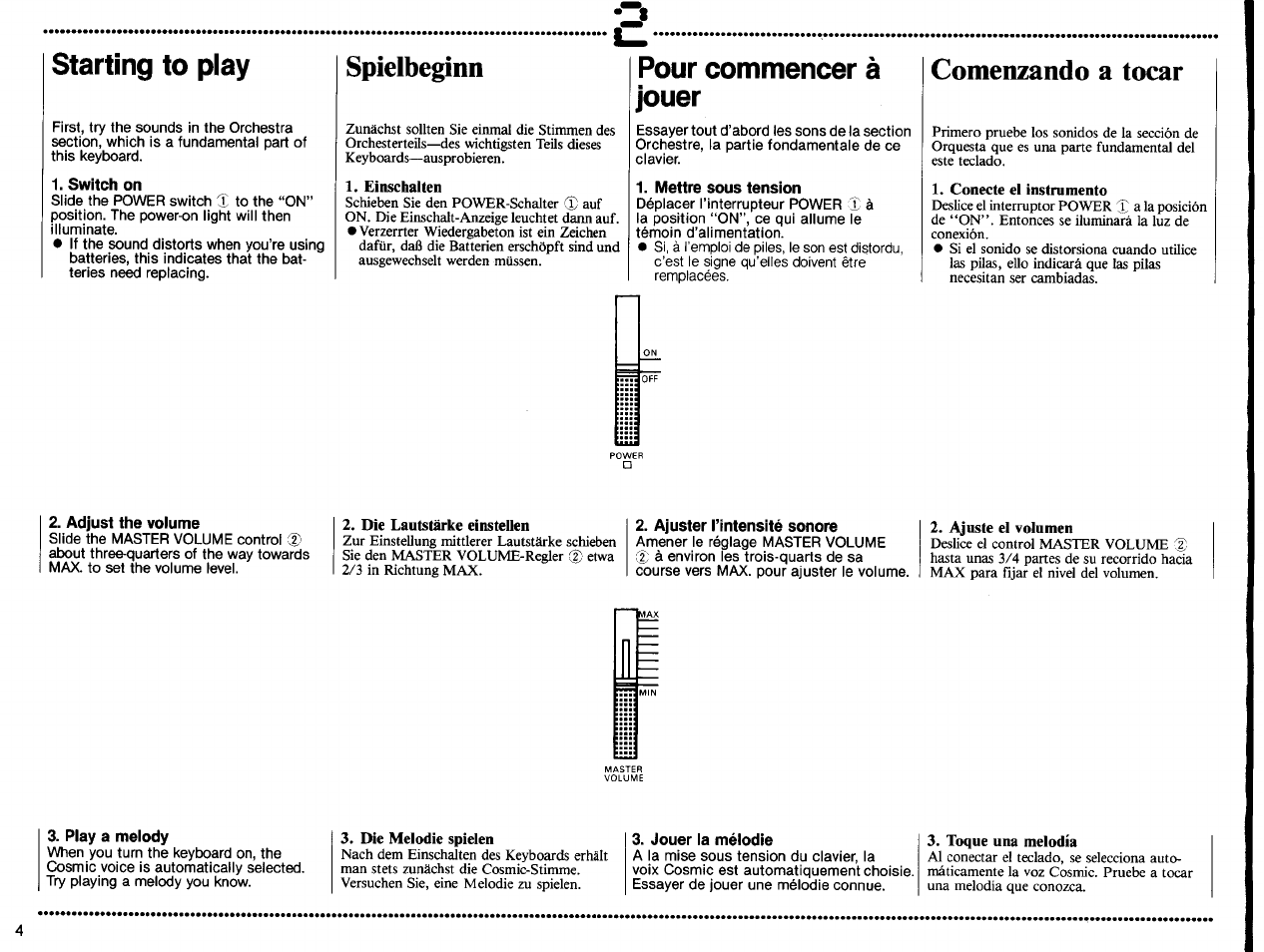 Starting to play, Switch on, Spielbeginn | Einschalten, Pour commencer à jouer, Mettre sous tension, Comenzando a tocar, Conecte el instrumento, Adjust the volume, Die lautstärke einstellen | Yamaha PSS-570 User Manual | Page 6 / 23