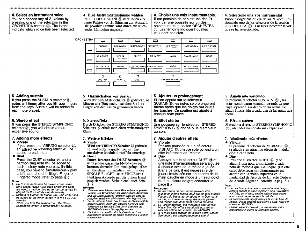 Select an instrument voice, Eine instrumentenstimme wählen, Choisir une voix instrumentabie | Seleccione una voz instrumental, Adding sustain, Stereo effect, Adding more effects, Hinzuschalten von sustain, 6 stereoeffekt, Weitere effekte | Yamaha PSS-570 User Manual | Page 7 / 23
