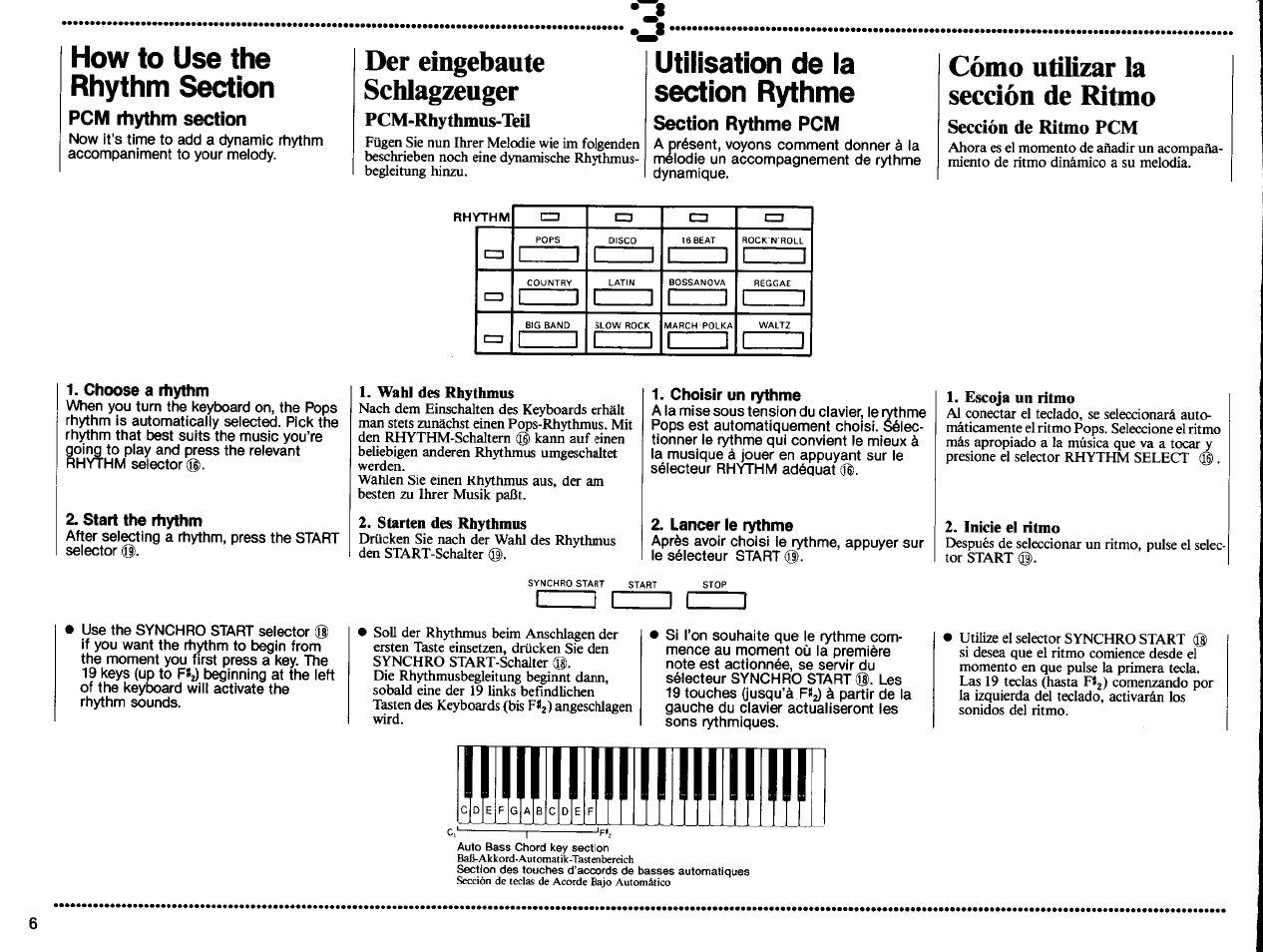 How to use the rhythm section, Pcm rhythm section, Der eingebaute schlagzeuger | Pcm-rhythmus-teil, Utilisation de la section rythme, Section rythme pcm, Cómo utilizar la sección de ritmo, Sección de ritmo pcm, Choose a rhythm, Start the rhythm | Yamaha PSS-570 User Manual | Page 8 / 23