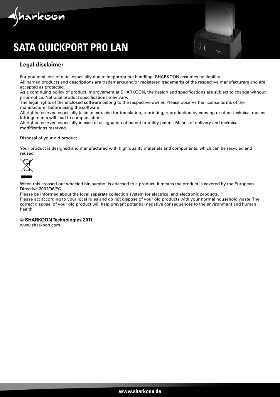 Sata quickport pro lan, Legal disclaimer | SHARKOON SATA QP Pro LAN (Giga) User Manual | Page 22 / 22