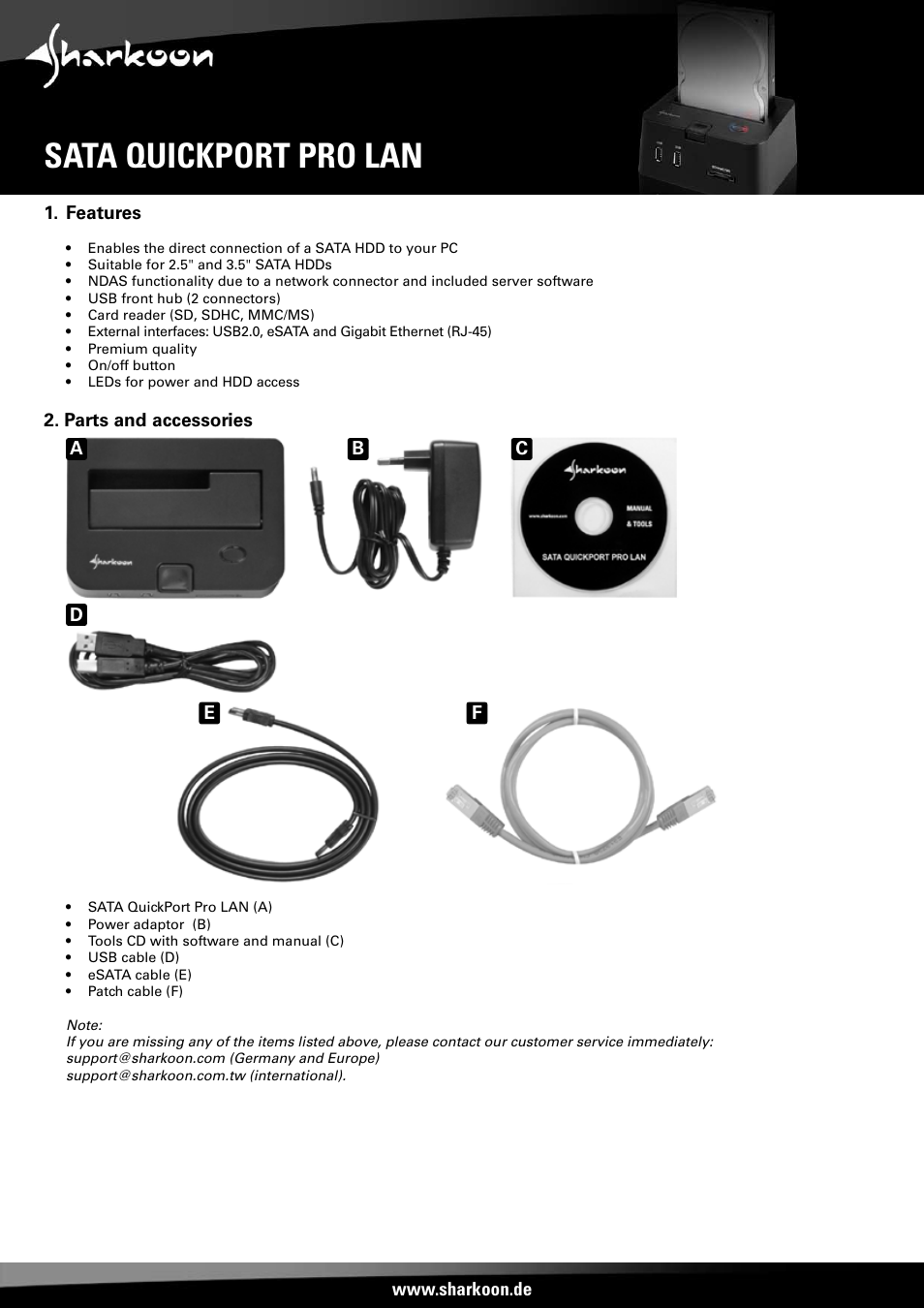 Sata quickport pro lan, Features, Parts and accessories | SHARKOON SATA QP Pro LAN (Giga) User Manual | Page 3 / 22