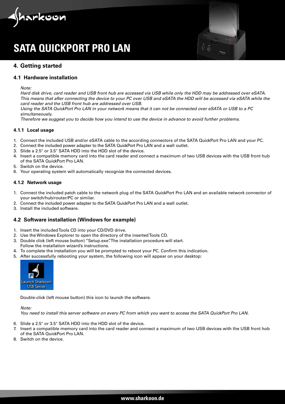 Sata quickport pro lan, Getting started | SHARKOON SATA QP Pro LAN (Giga) User Manual | Page 5 / 22