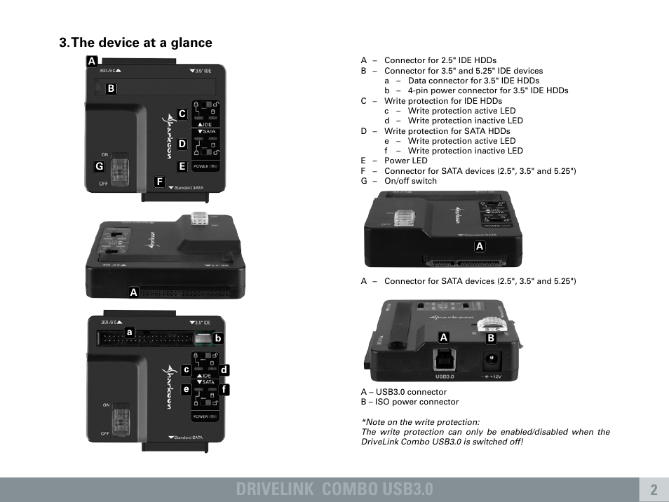 Drivelink combo usb3.0, The device at a glance | SHARKOON DriveLink Combo USB3.0 User Manual | Page 3 / 5