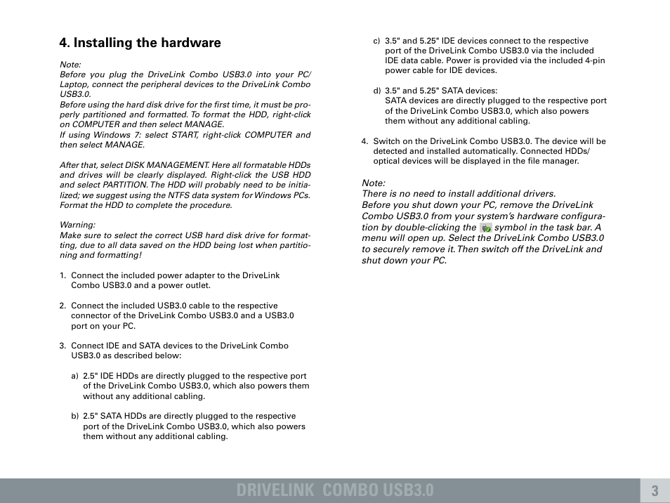 Drivelink combo usb3.0, Installing the hardware | SHARKOON DriveLink Combo USB3.0 User Manual | Page 4 / 5