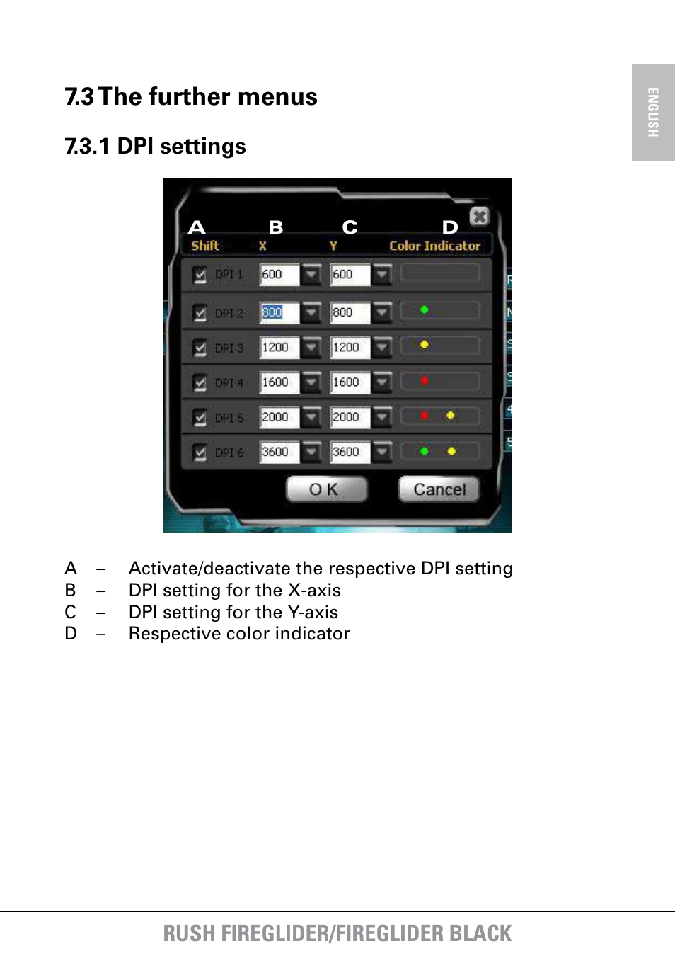 3 the further menus, Rush fireglider/fireglider black, 1 dpi settings | SHARKOON FireGlider User Manual | Page 11 / 30