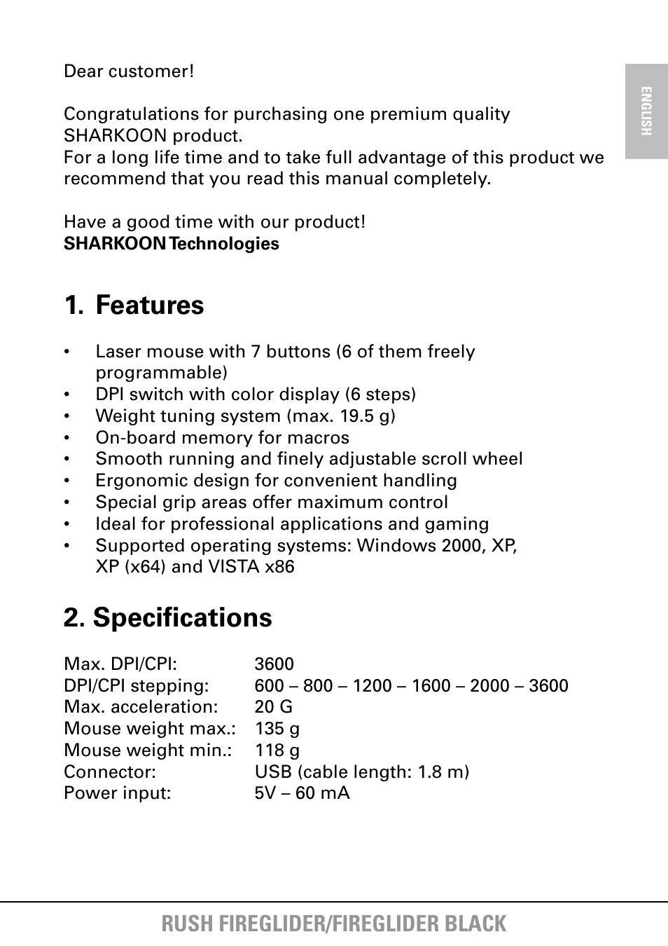 Features, Specifications, Rush fireglider/fireglider black | SHARKOON FireGlider User Manual | Page 3 / 30