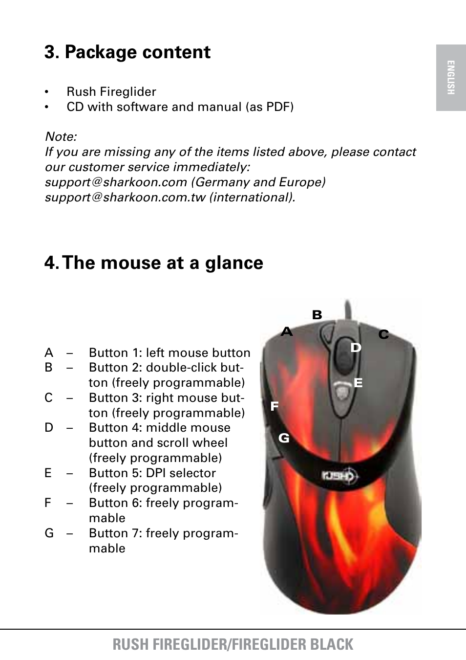 Package content, The mouse at a glance, Rush fireglider/fireglider black | SHARKOON FireGlider User Manual | Page 4 / 30