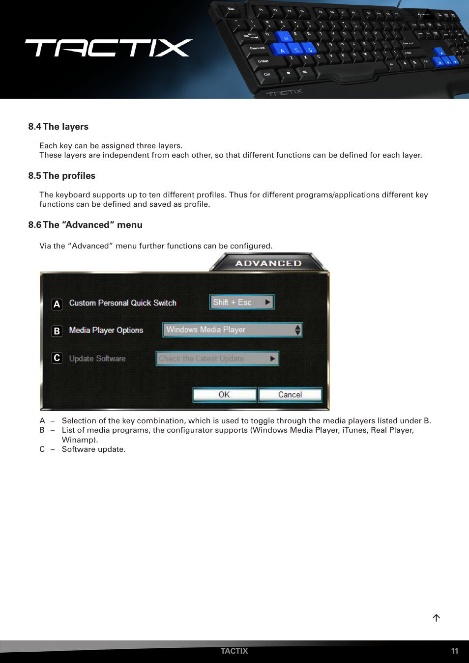 4 the layers, 5 the profiles, 6 the “advanced“ menu | SHARKOON Tactix User Manual | Page 11 / 12