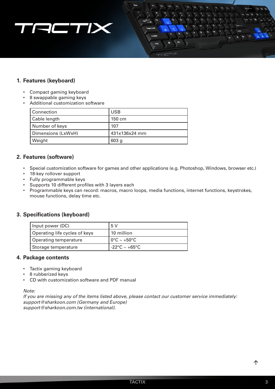 Features (keyboard), Features (software), Specifications (keyboard) | Package contents | SHARKOON Tactix User Manual | Page 3 / 12