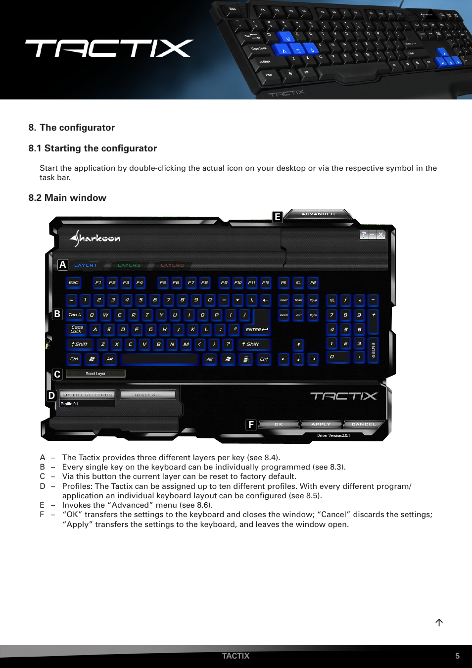 The configurator, 1 starting the configurator, 2 main window | SHARKOON Tactix User Manual | Page 5 / 12