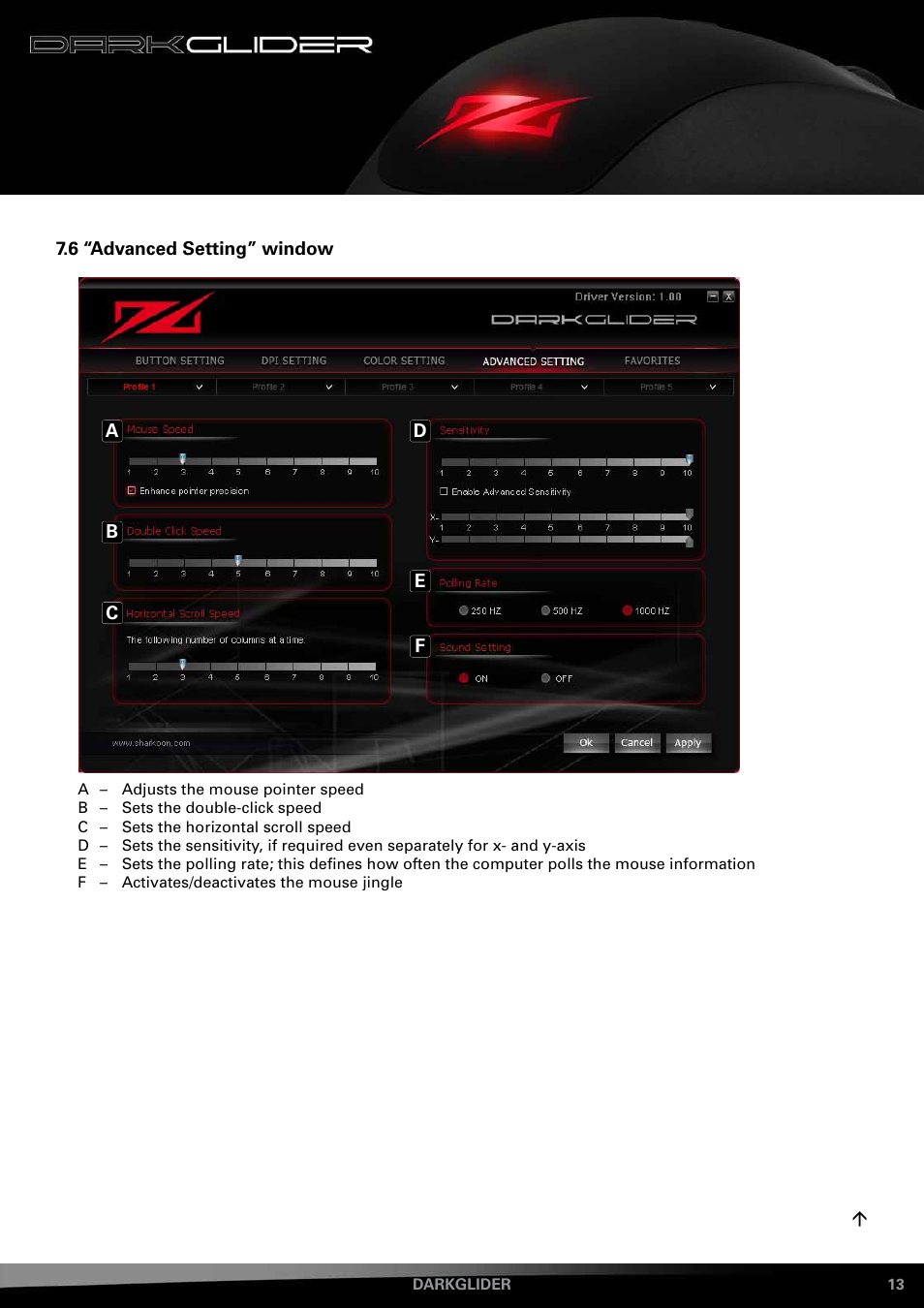 6 “advanced setting” window | SHARKOON DarkGlider User Manual | Page 13 / 15